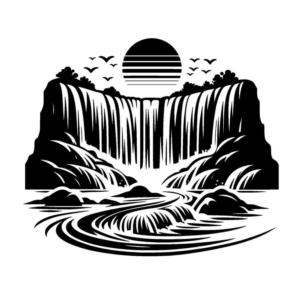 Stylized Black and White Waterfall Landscape with Sun, Birds, and Flowing River, Minimalist . vector