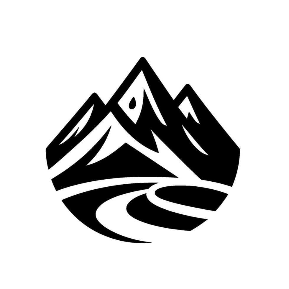 Black and White Mountain Stylized Peaks, Winding Road, Circular Shape, and Minimalist in a NatureInspired Illustration vector