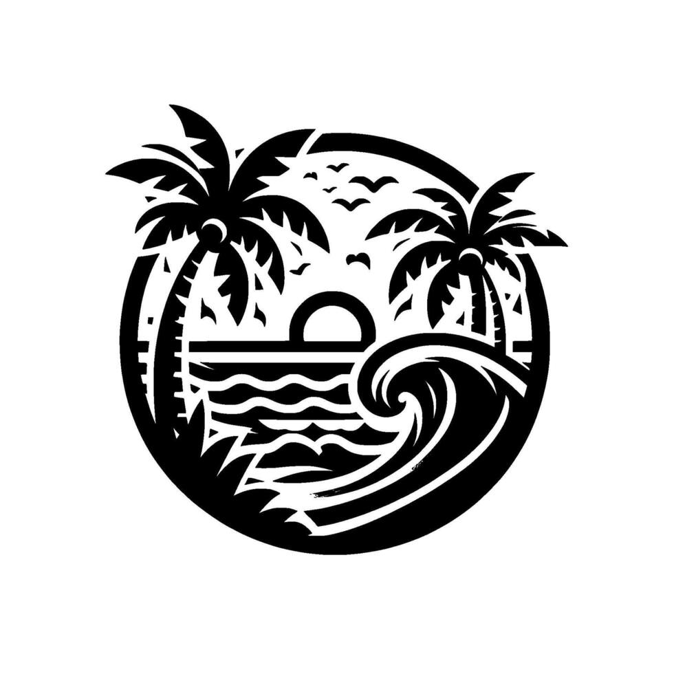 Minimalist Black and White Circular Beach Scene Palm Trees, Sunset, Waves, Birds, and Ocean, Silhouette vector