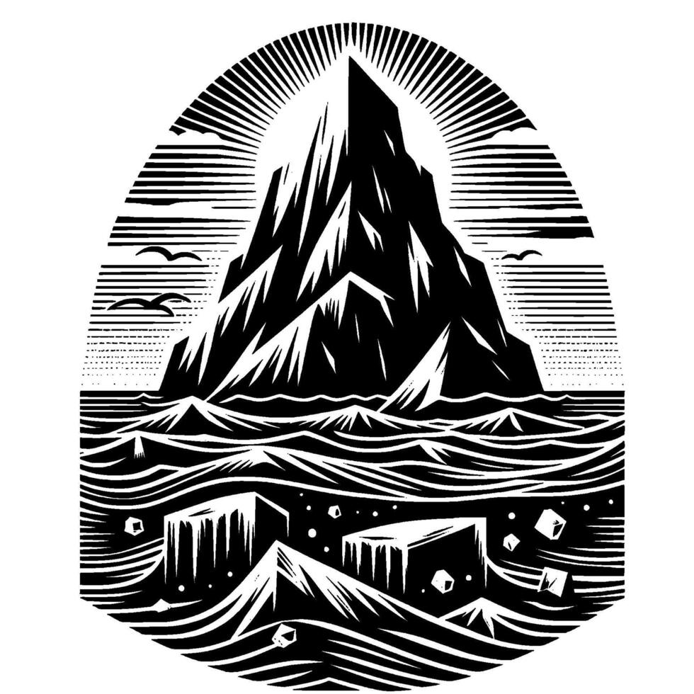 A Black and White Engraving of a Majestic Mountain Rising from Icy Waters, Illuminated by a Radiant Sunburst and Surrounded by Icebergs and Birds. vector