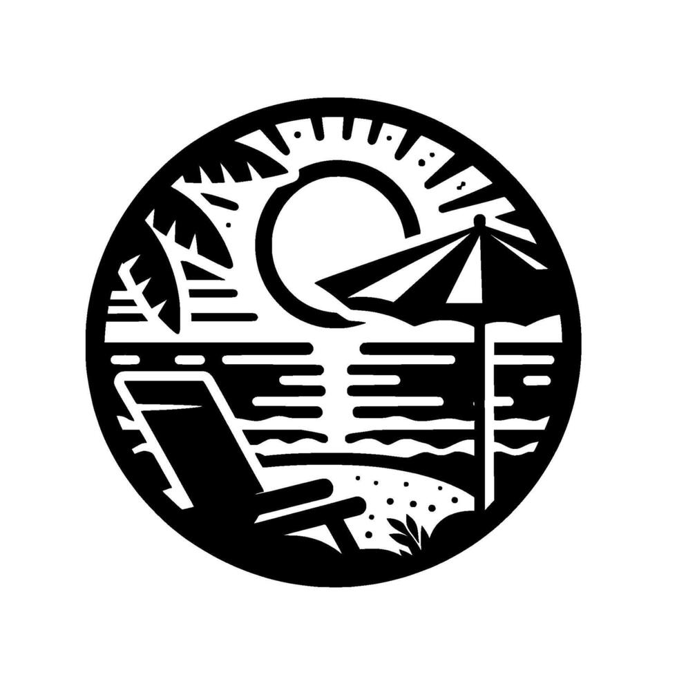 Black and White Circular Beach Scene Sun, Waves, Umbrella, Lounge Chair, Palm Trees, and Summer Relaxation vector