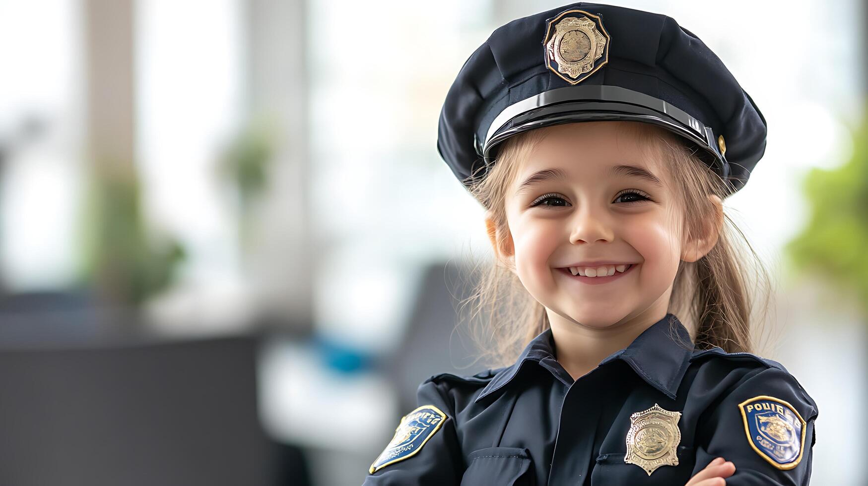 Little girl with a big smile dressed up in a costume dreaming of enforcing the law when she grows up to be a police officer photo