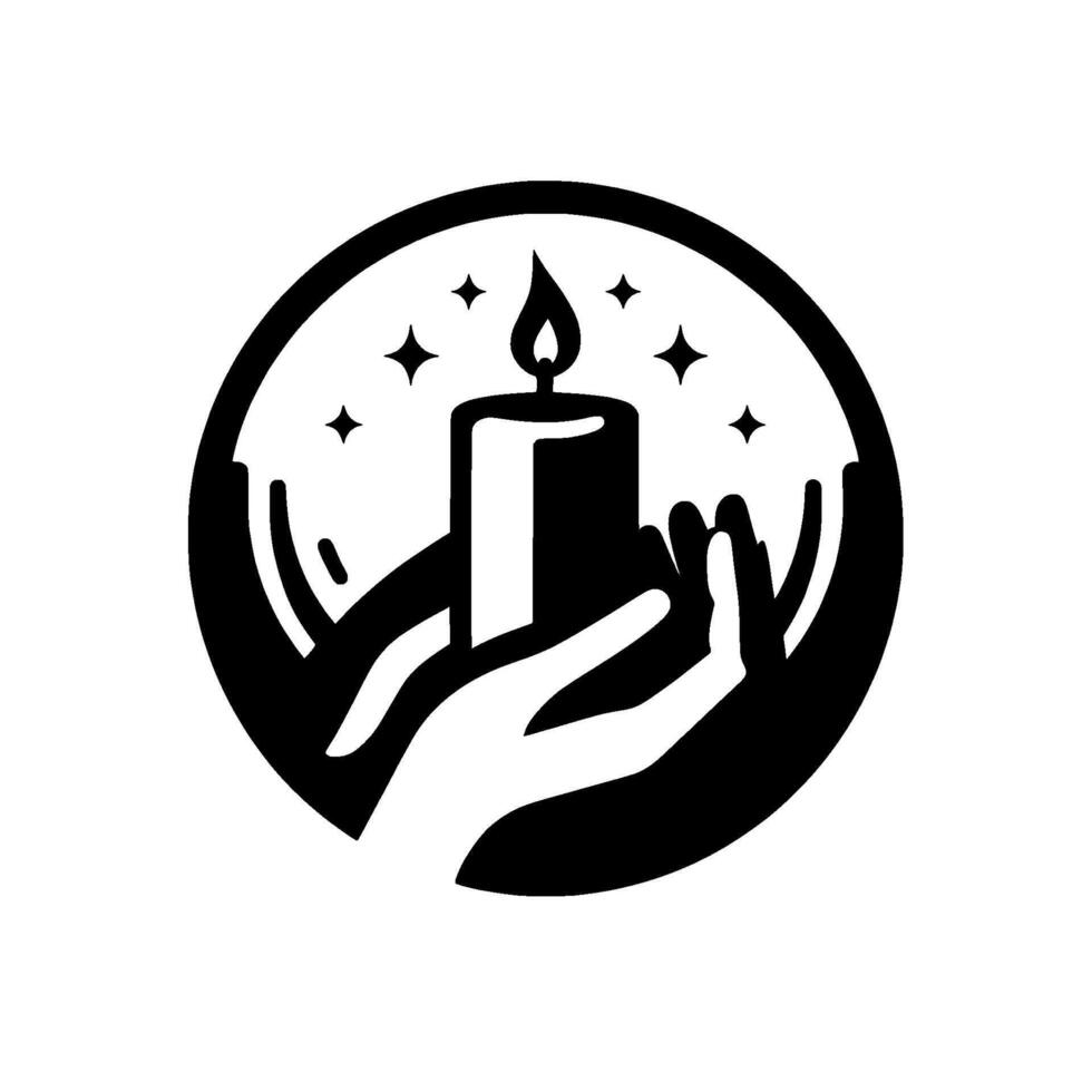 Black and White Circular Hands Cupping a Lit Candle with Starry Background, Representing Spirituality or Hope. vector