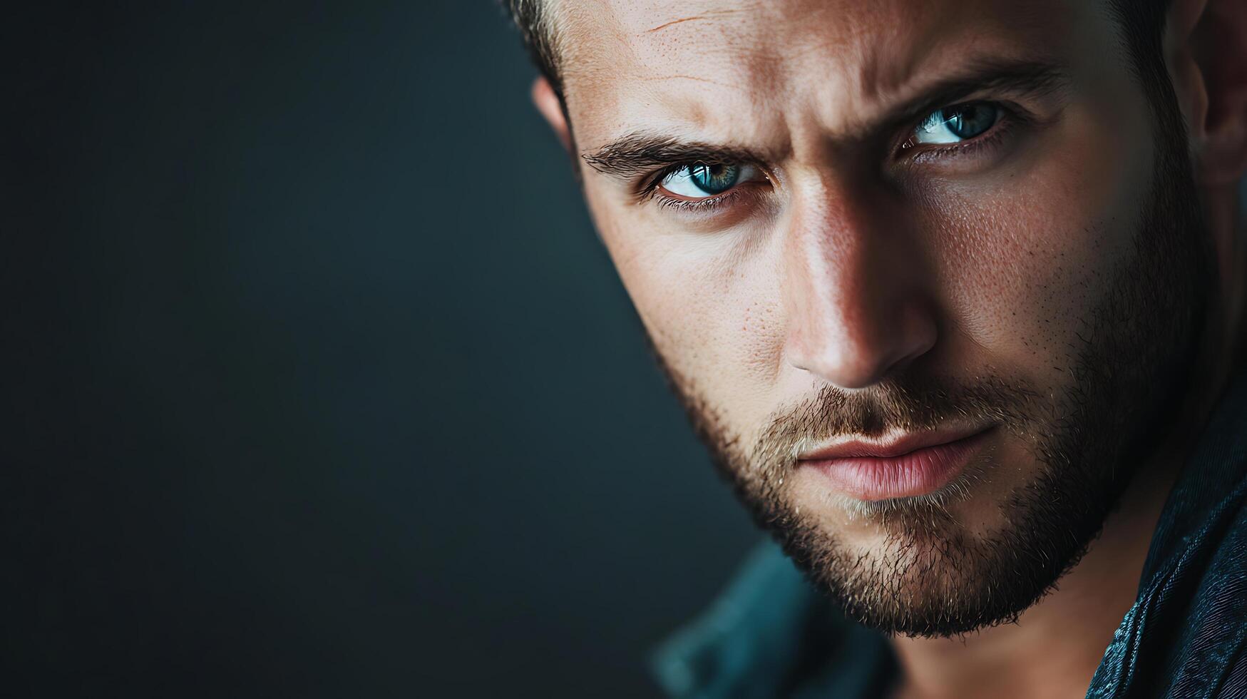 Intense stare portrait of a man with blue eyes and a beard captured in a close-up studio shot against a dark backdrop photo
