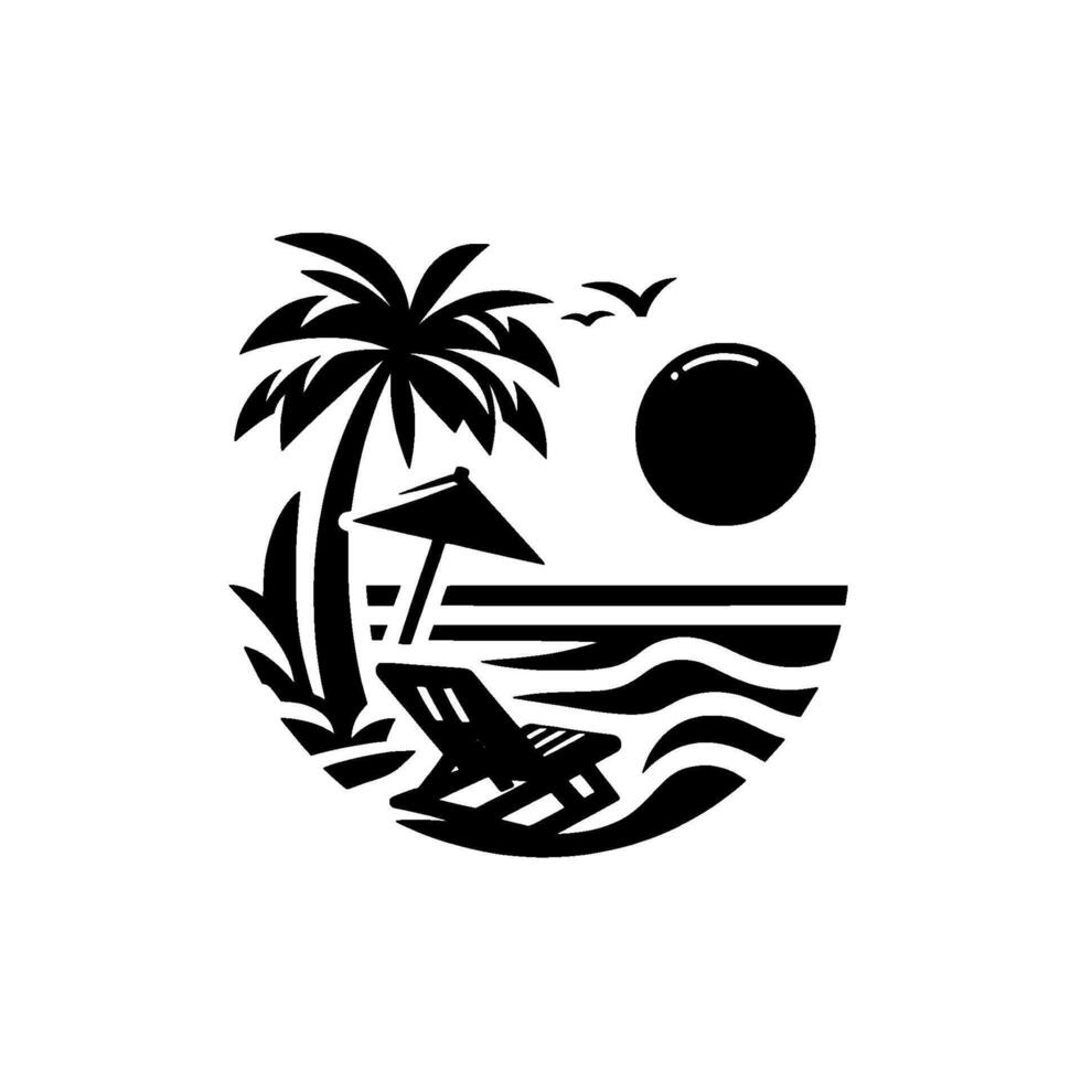 Minimalist Black and White Tropical Beach Scene with Palm Tree, Chair, Umbrella, Birds, and Sun in Circular vector