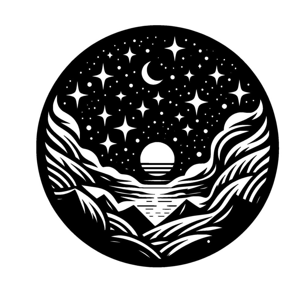 Celestial Nightscape Black and White Circular Artwork Depicting Mountains, a Lake, Sun, Moon, and Stars in Minimalist vector