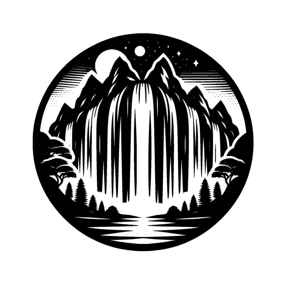 Circular Black and White Illustration of a Waterfall Cascading from Mountain Peaks Under a Starry Night Sky, Reflecting in a Still Lake. vector