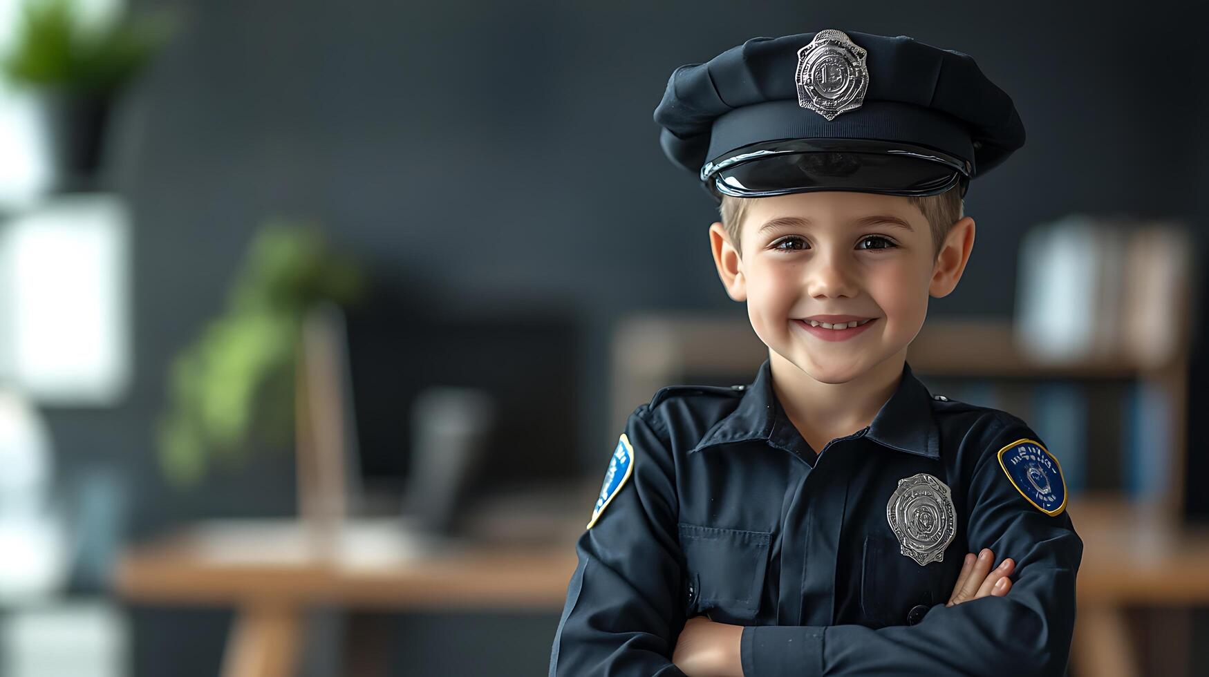 Young Boy Dressed as a Police Officer with Arms Crossed Indoor Smiling with Great Joy and a Sense of Accomplishment and Determination photo