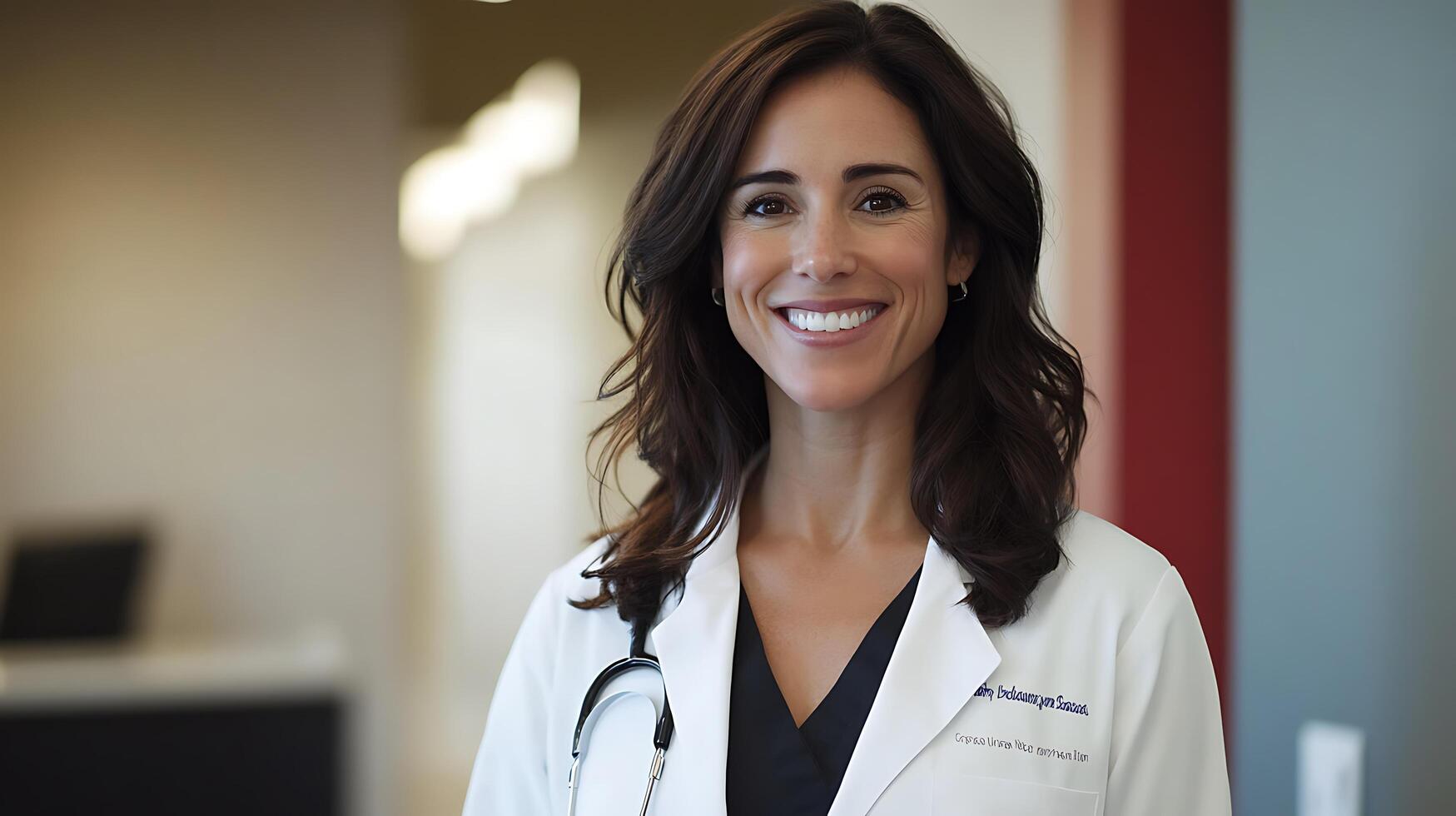 Friendly female doctor smiles in a white coat with a stethoscope projecting trust and professionalism Healthcare environment photo