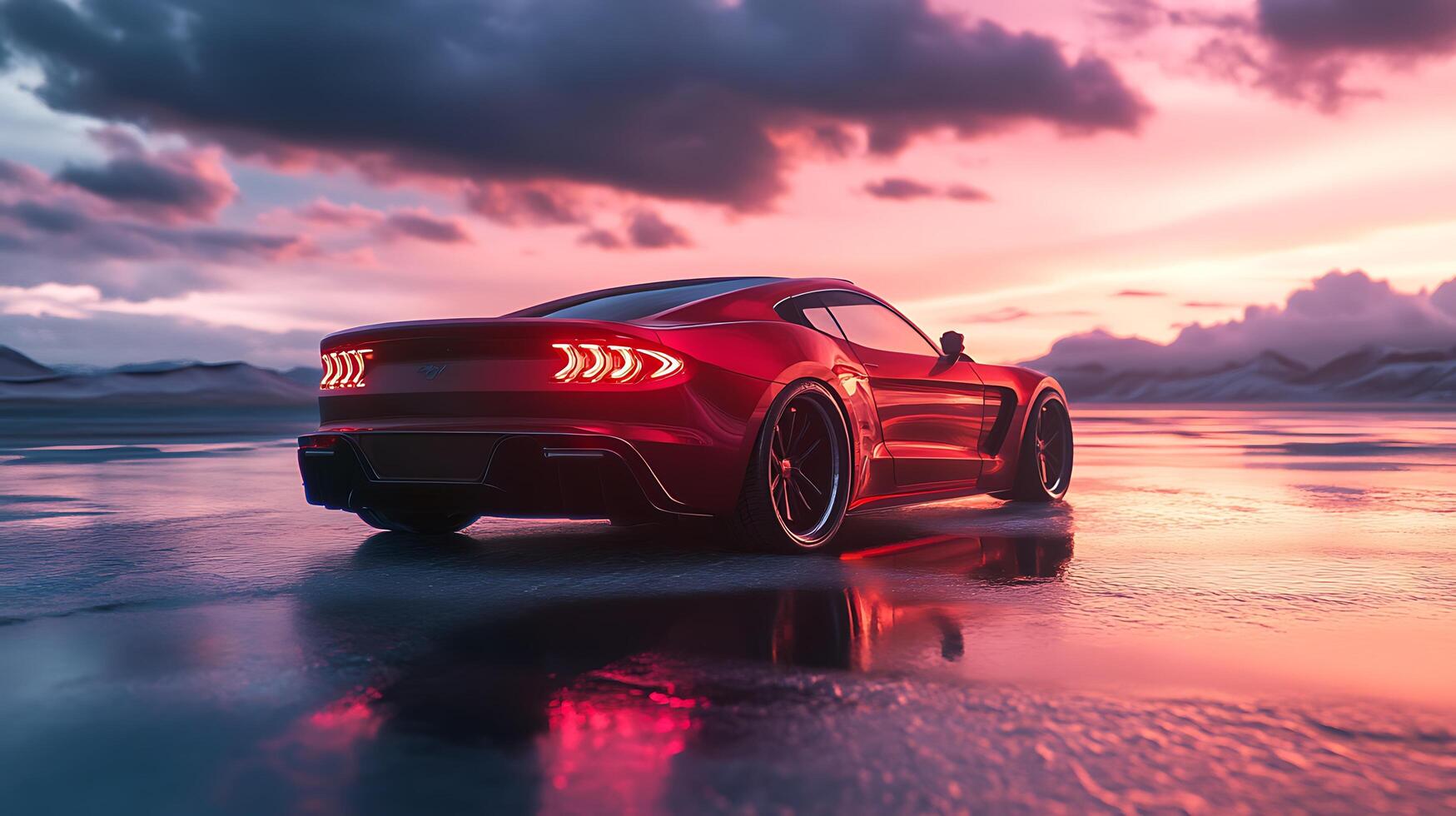 Sleek red sports car on a reflective surface at sunset a stylish design with bright tail lights and a powerful stance photo