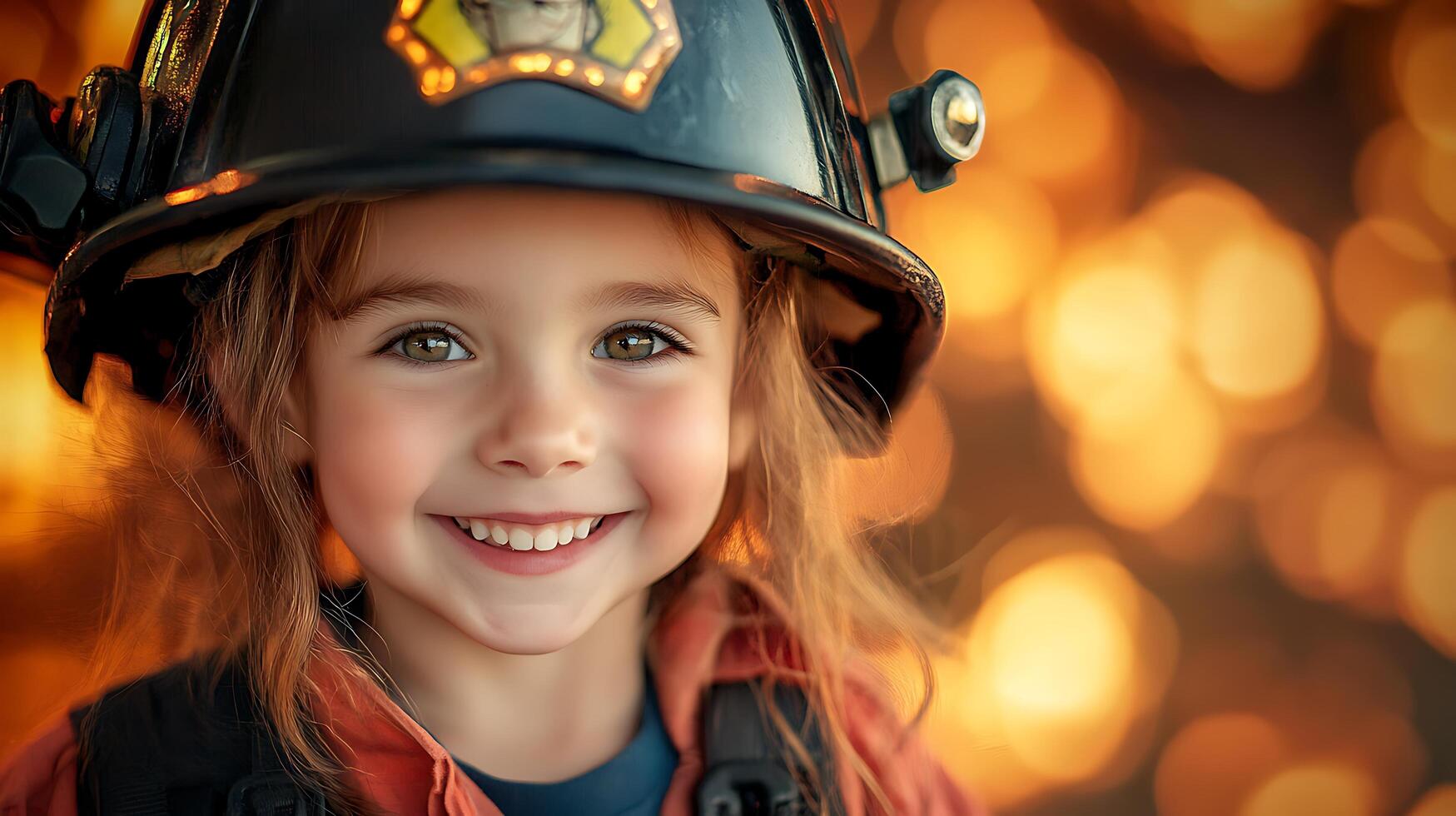 A heartwarming portrait of a smiling child wearing a firefighter helmet radiating joy and innocence against a blurred background photo