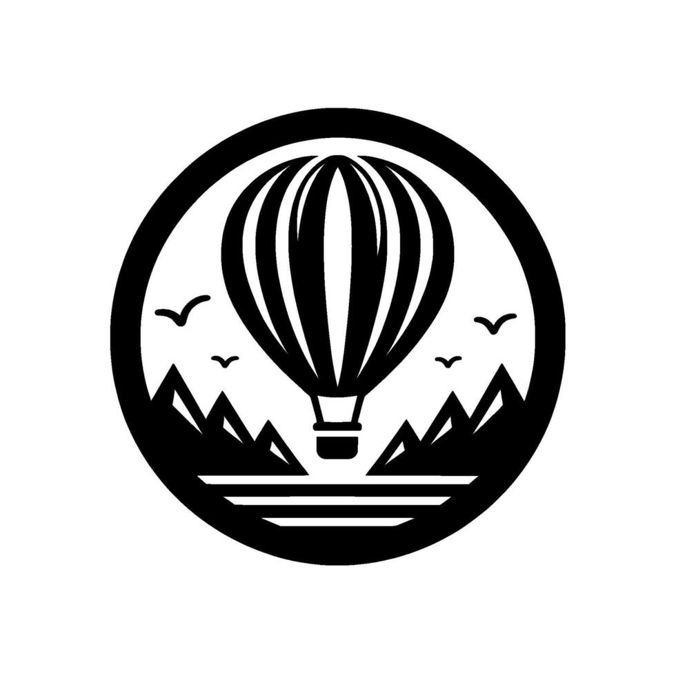 Black and white circular emblem depicting a striped hot air balloon above mountain range and water with flying birds. vector