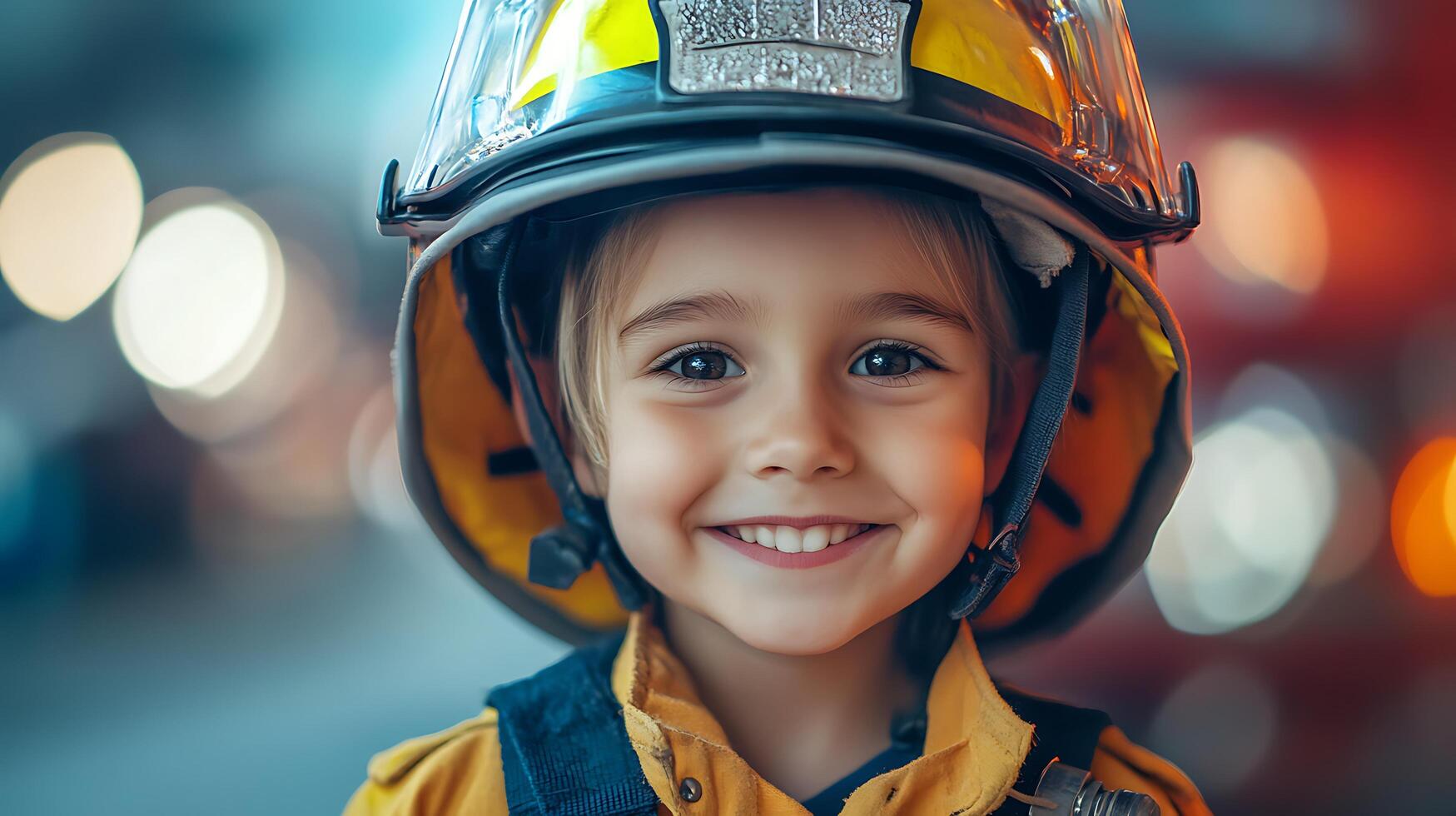 Smiling young child in a firefighter helmet looking directly at the camera with a joyful expression ready for adventure and heroism photo