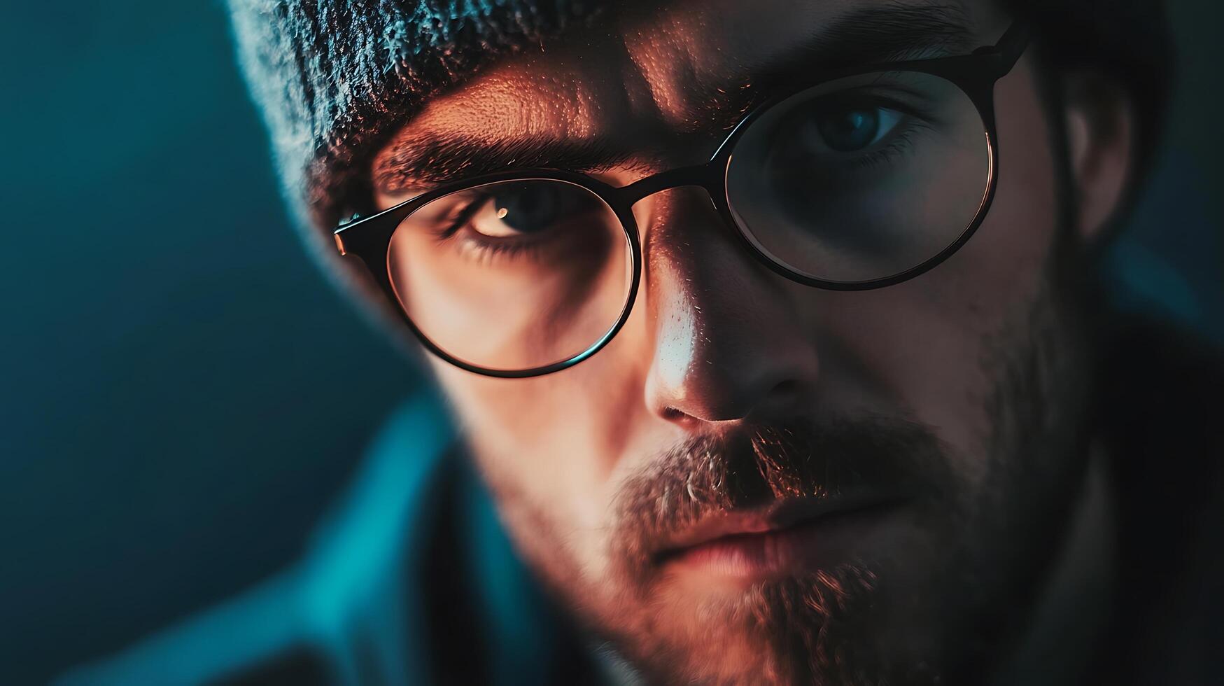 Intense portrait of a man with glasses and beanie hat Focus on eyes and face dark background enhances the serious mood photo
