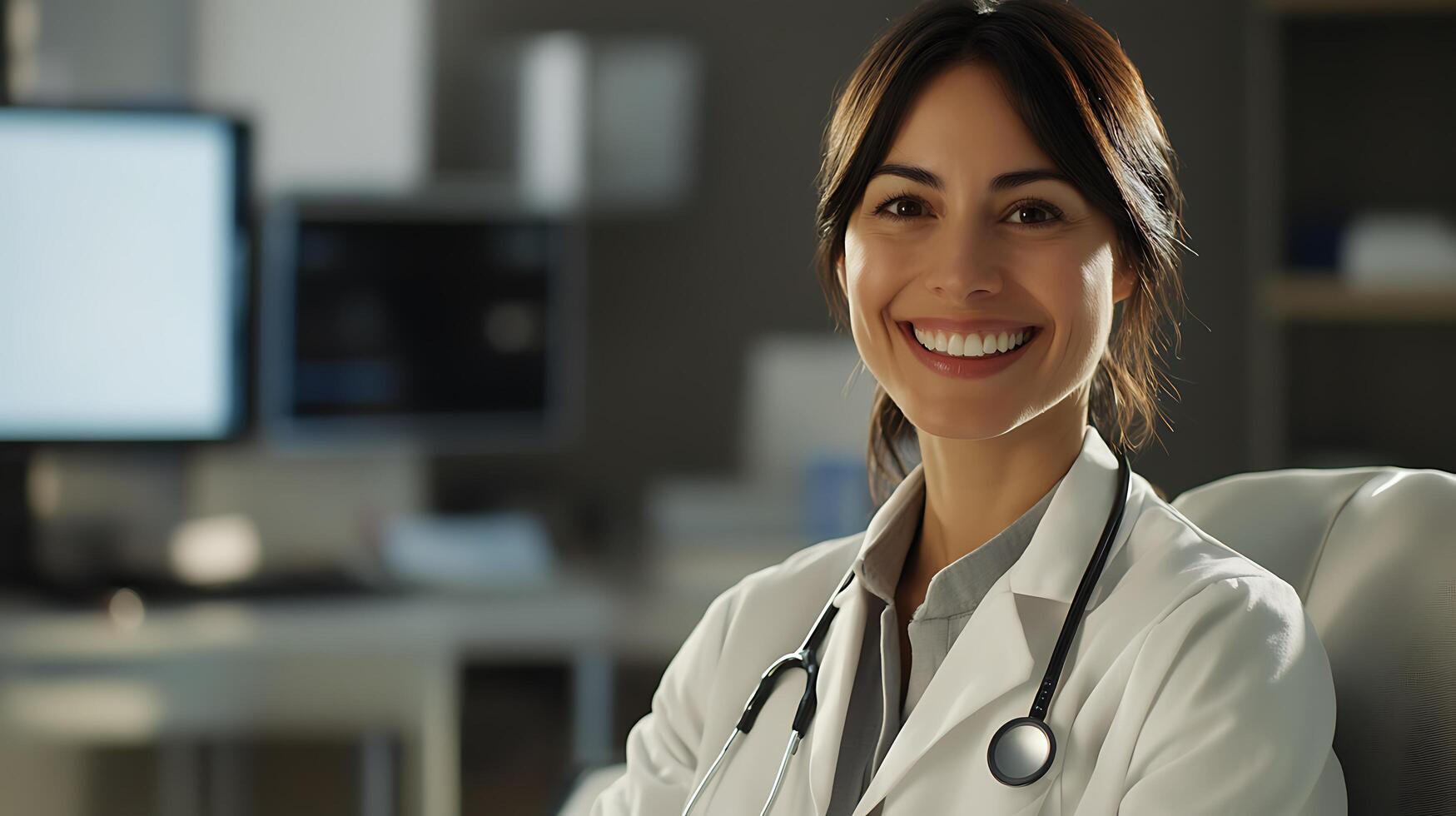 Smiling healthcare professional in a white coat exuding confidence and expertise Medical setting A positive impression of healthcare photo