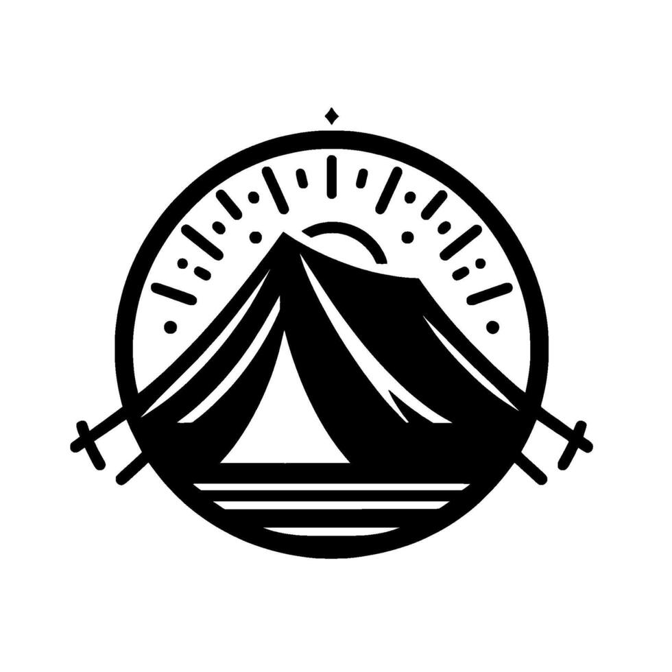 Circular Monochrome Emblem A tent silhouette beneath a sunburst, intersected by hiking poles, representing camping and outdoor adventure. vector