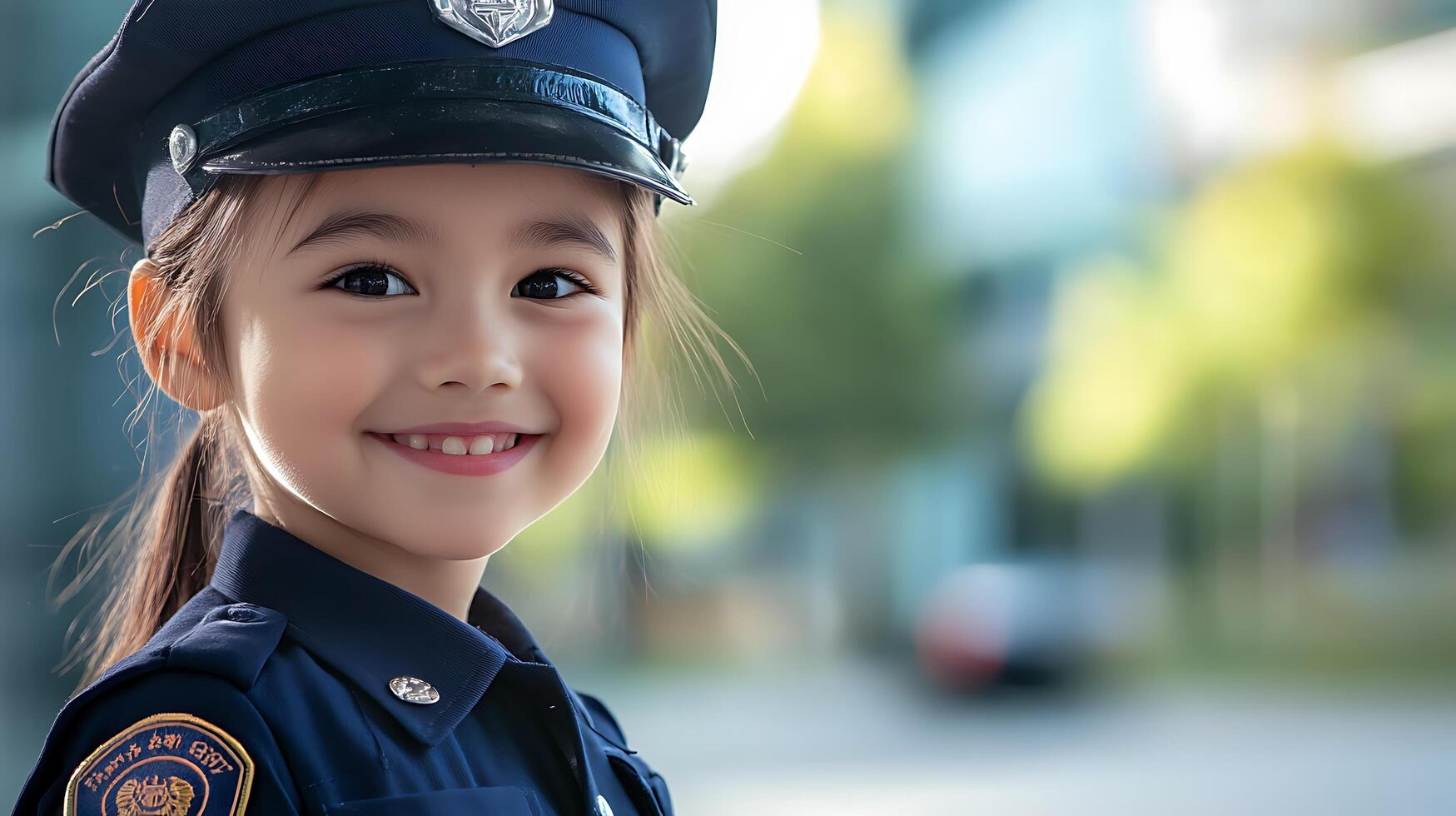 Charming young child dressed in a navy uniform and hat poses with a beaming smile and a blurry outdoor backdrop radiating innocence photo