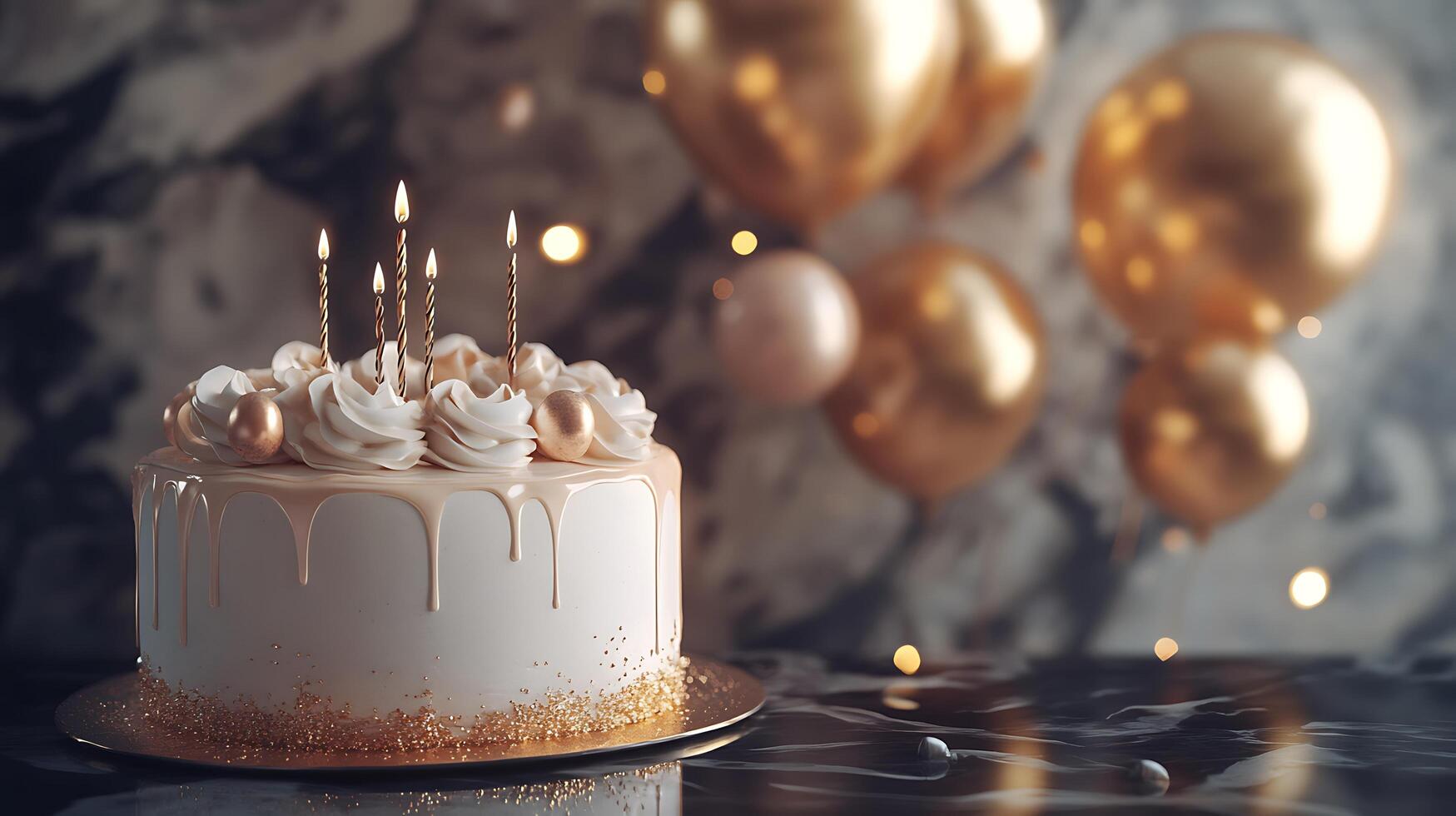 Celebratory cake with candles and golden balloons against a dark textured backdrop evoking a festive elegant atmosphere photo