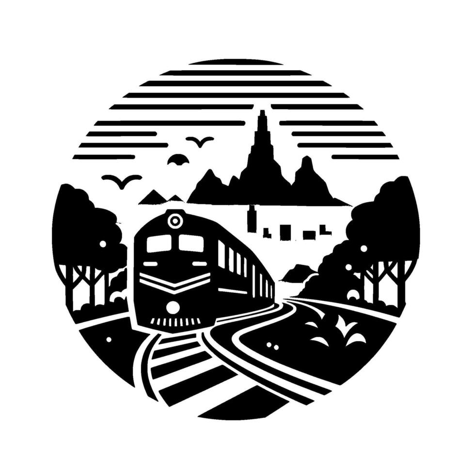 Stylized Black and White Train Journey Through Mountains, City and Nature, Circular Emblem vector