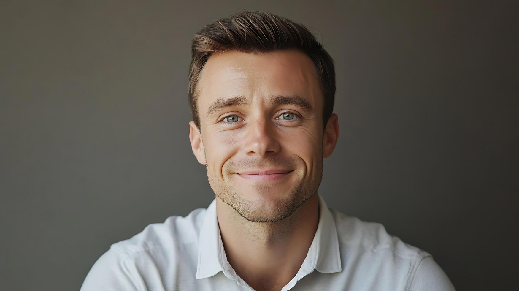 Smiling man with green eyes and brown hair posing against a neutral gray backdrop in soft lighting wearing a buttoned shirt photo