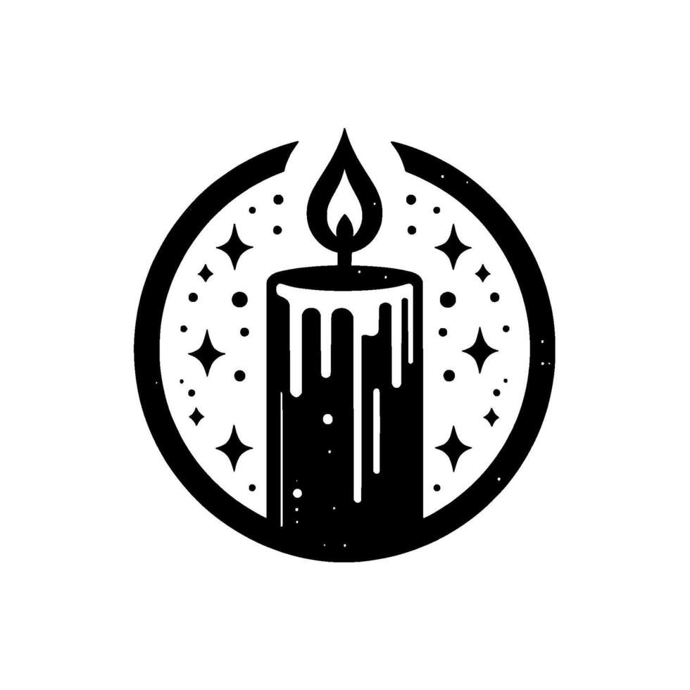 Black and white stylized illustration of a candle with a flickering flame, encircled by stars and dots, evoking magic and serenity. vector
