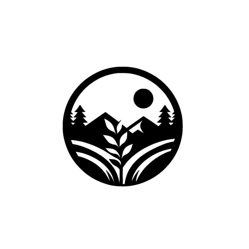 Black and white circular featuring mountains, pines, a sun, wheat field, and a central plant, evoking nature and agriculture. vector