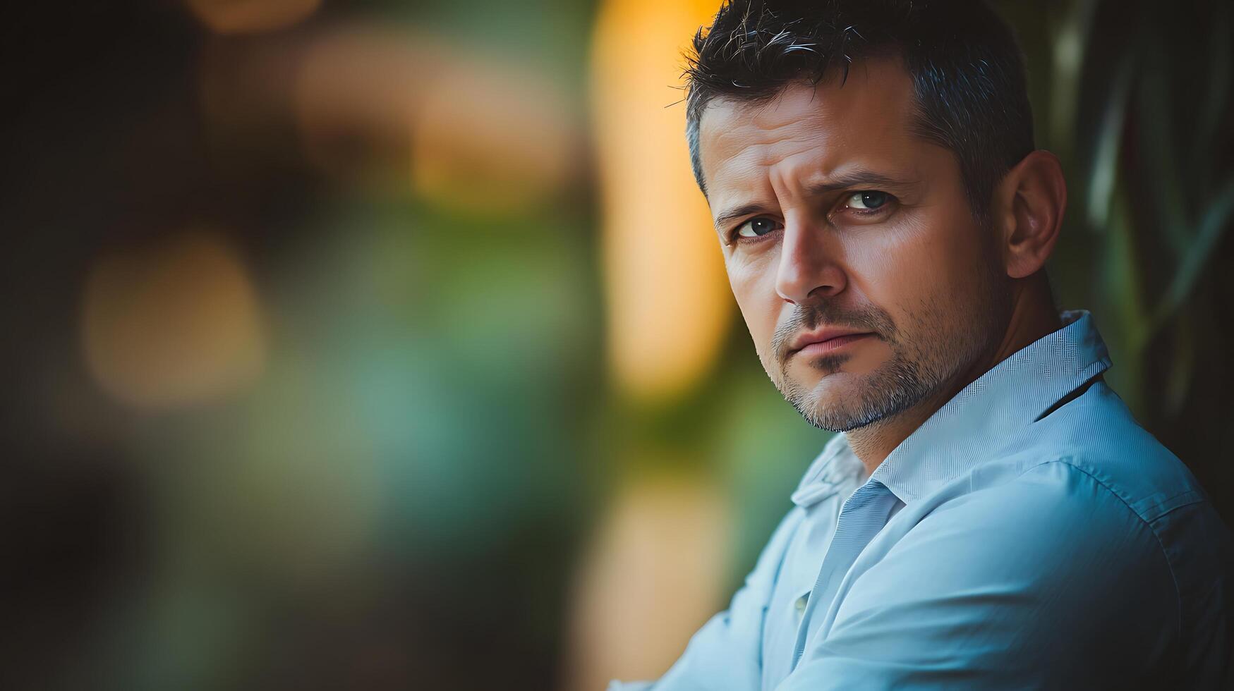 Brooding man portrait with intense gaze against blurred green background Serious expression slightly graying hair wearing light blue shirt photo