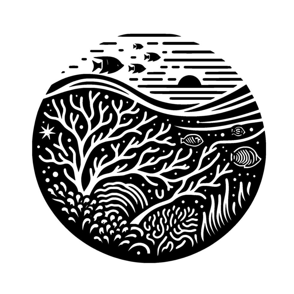Black and white circular illustration showcasing a stylized underwater world with coral, fish, and a sunset at the horizon. vector