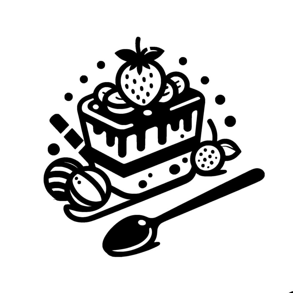 Stylized Black and White Illustration Slice of Cake with Strawberry, Chocolate Drizzle, Berries, Candy, and Spoon, on White. vector