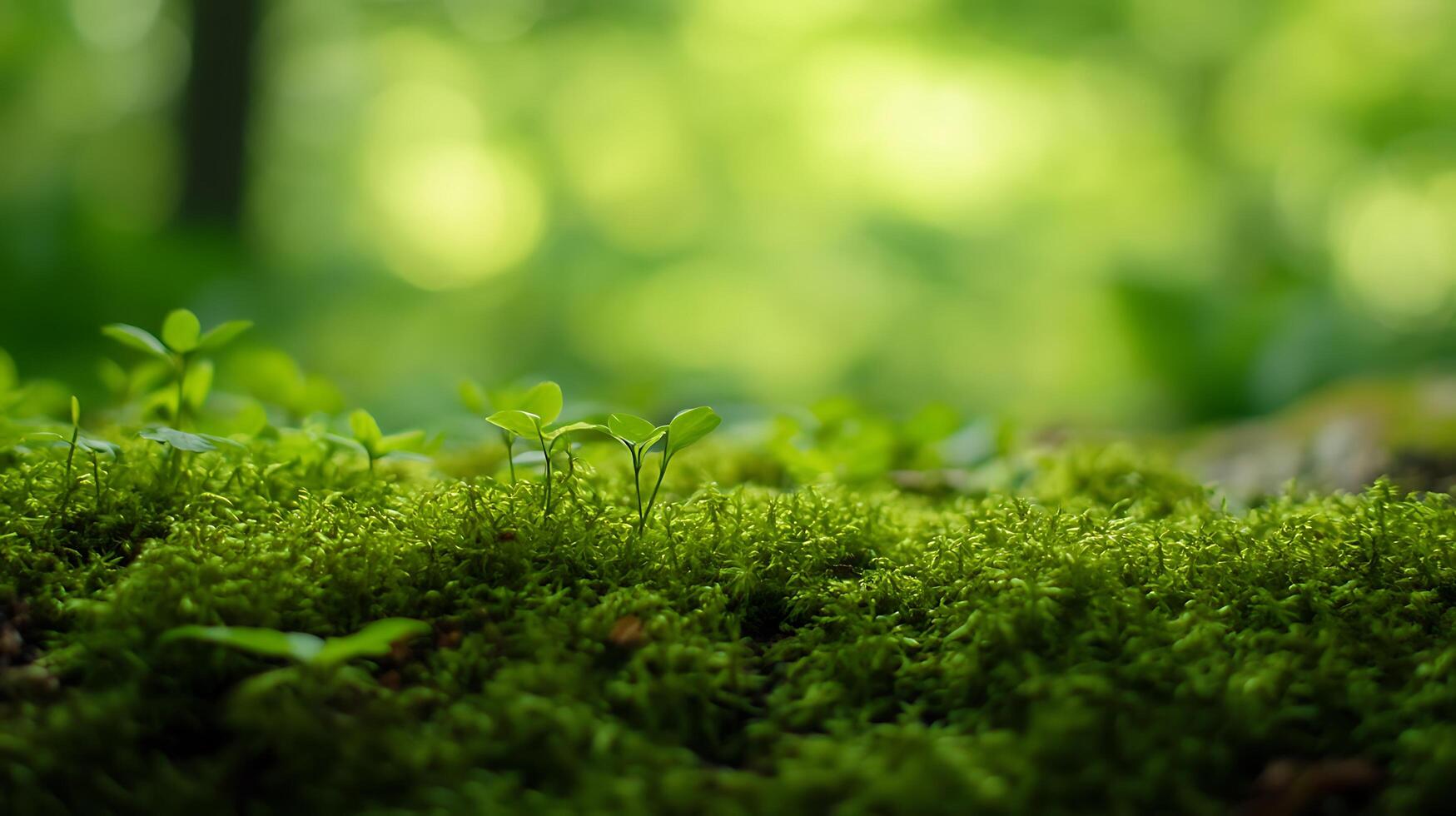 Vibrant green moss and delicate sprouts create a tranquil scene in a lush verdant forest Fresh growth abounds with bokeh background photo