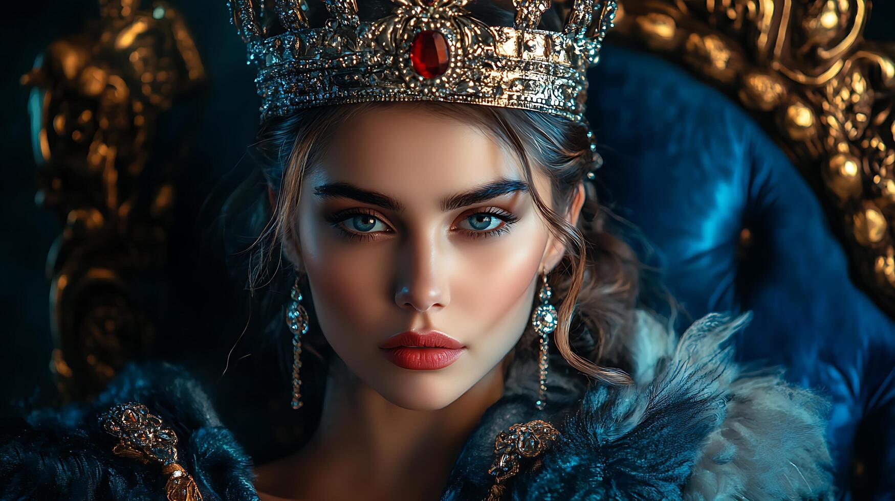Elegant woman with a crown captured in a regal portrait She exudes poise and grace set against a luxurious backdrop of blues and golds photo