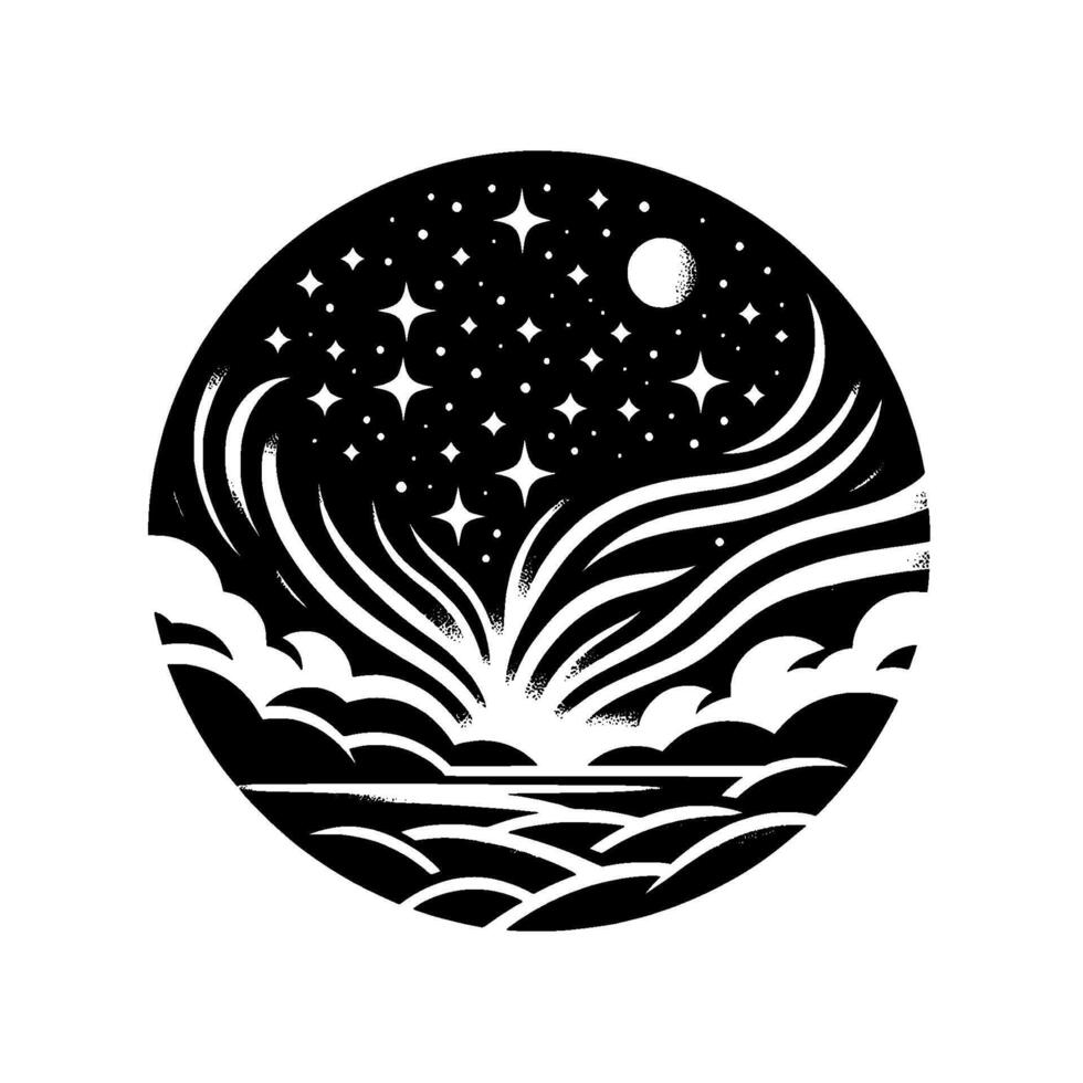 Celestial Nightscape A Black White Circle Depicting Stars, Moon, Clouds, and Abstract Energy Over a Horizon. vector