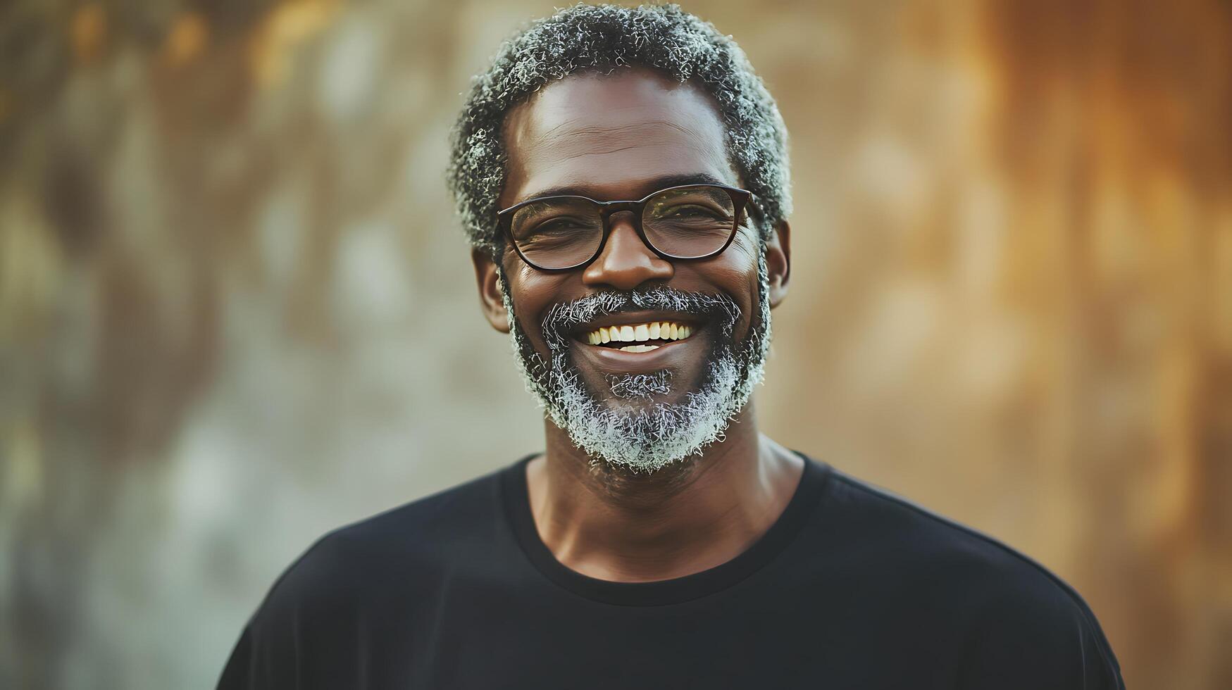 Smiling man with glasses in a black shirt He has graying hair a beard and is set against a blurred earthy-tone background photo