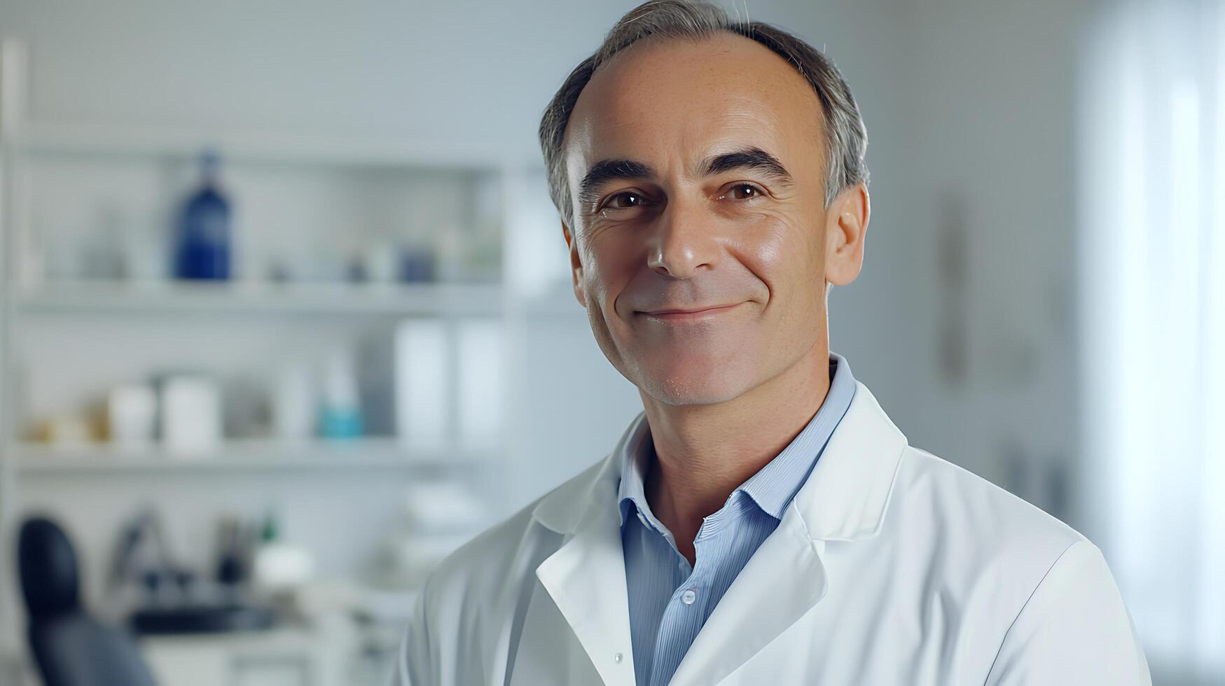 Mature man with a warm smile wearing lab coat background with shelves of bottles and beakers professional healthcare portrait photo