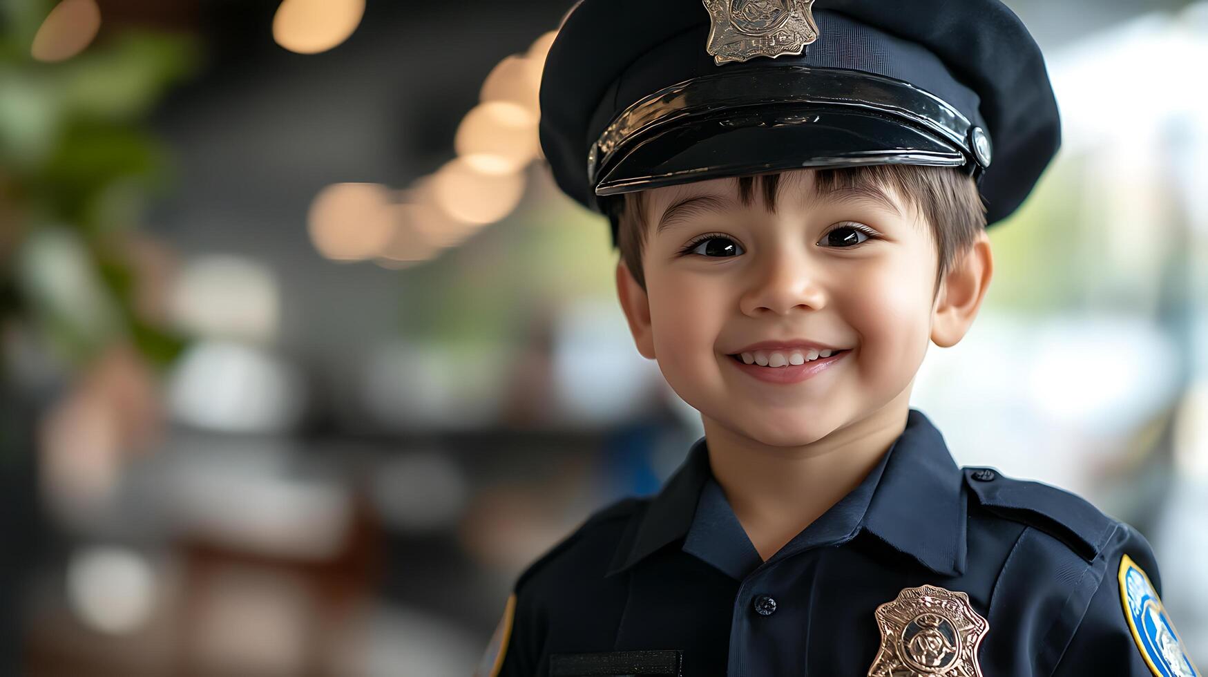 Smiling boy dressed as a police officer The child wears a uniform and hat looking cheerful Bokeh lights create a soft background photo