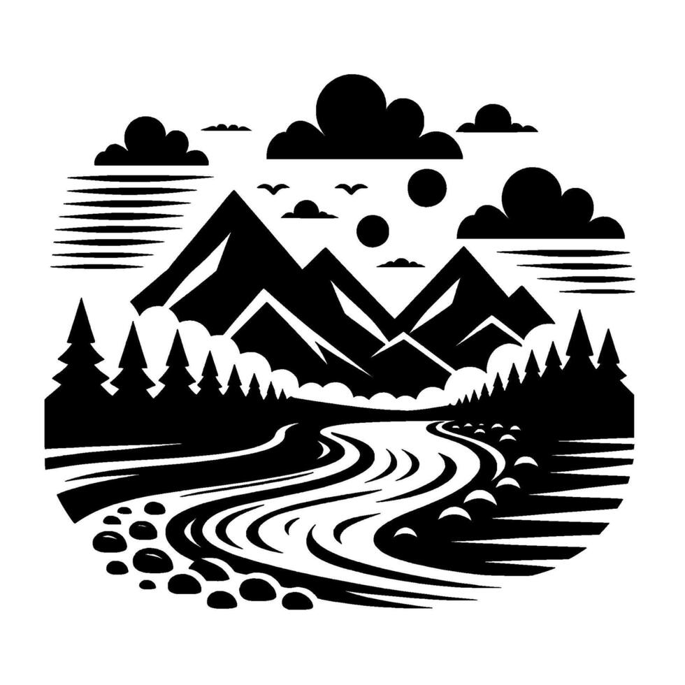 Bold Black and White Scenic Illustration Mountains, River, Forest, Clouds, and Birds, Evoking Tranquility and Natures Simplicity. vector