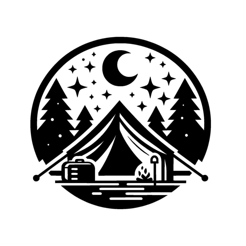Circular minimalist camping illustration, featuring tent, campfire, trees, suitcase under a night sky with crescent moon and stars. vector