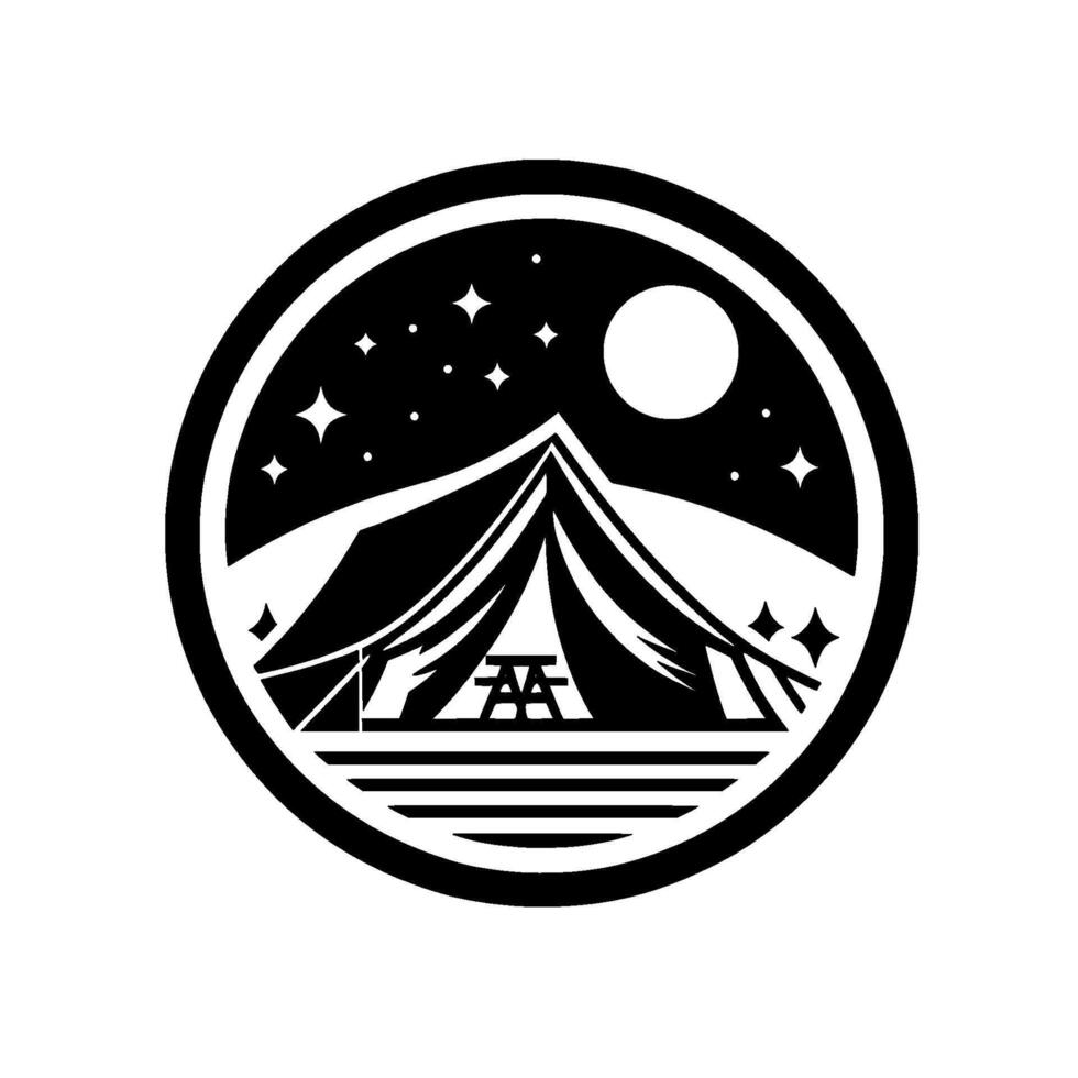 Black White Camping Emblem Tent Under Starry Night Sky within a Circular Frame, Minimalist vector