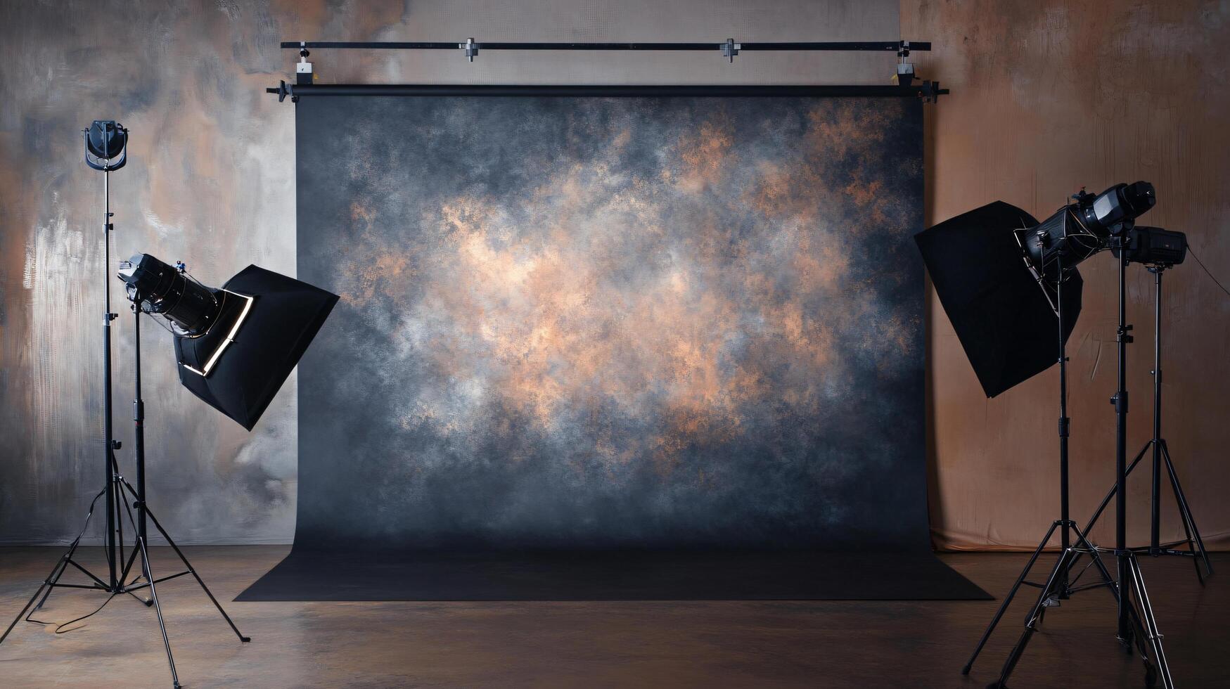 A black backdrop with two lights on it photo