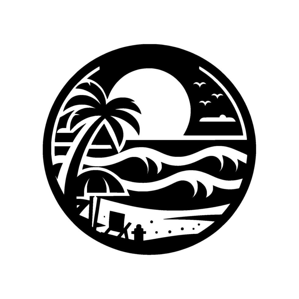 Circular Black and White Silhouette Tropical Beach Scene with Palm Tree, Waves, Sunset, Chair, and Umbrella. vector