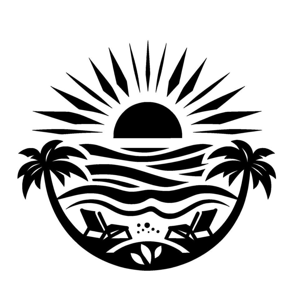 Stylized Black White Beach Scene with Sun, Palms, Ocean, Loungers, and Tropical Flair vector