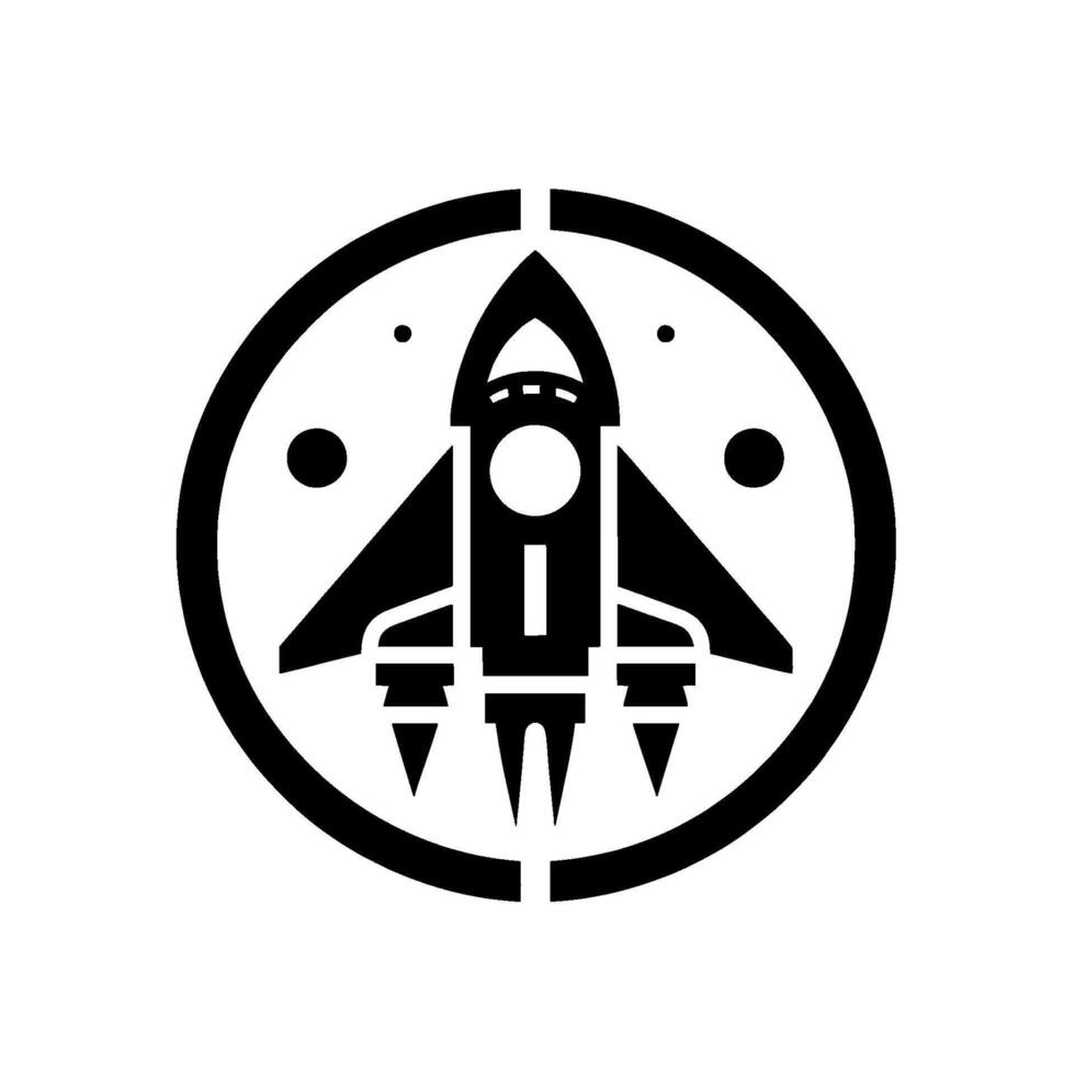 Bold Black and White Minimalist Rocketship Inside Circular Frame, Space Exploration . vector