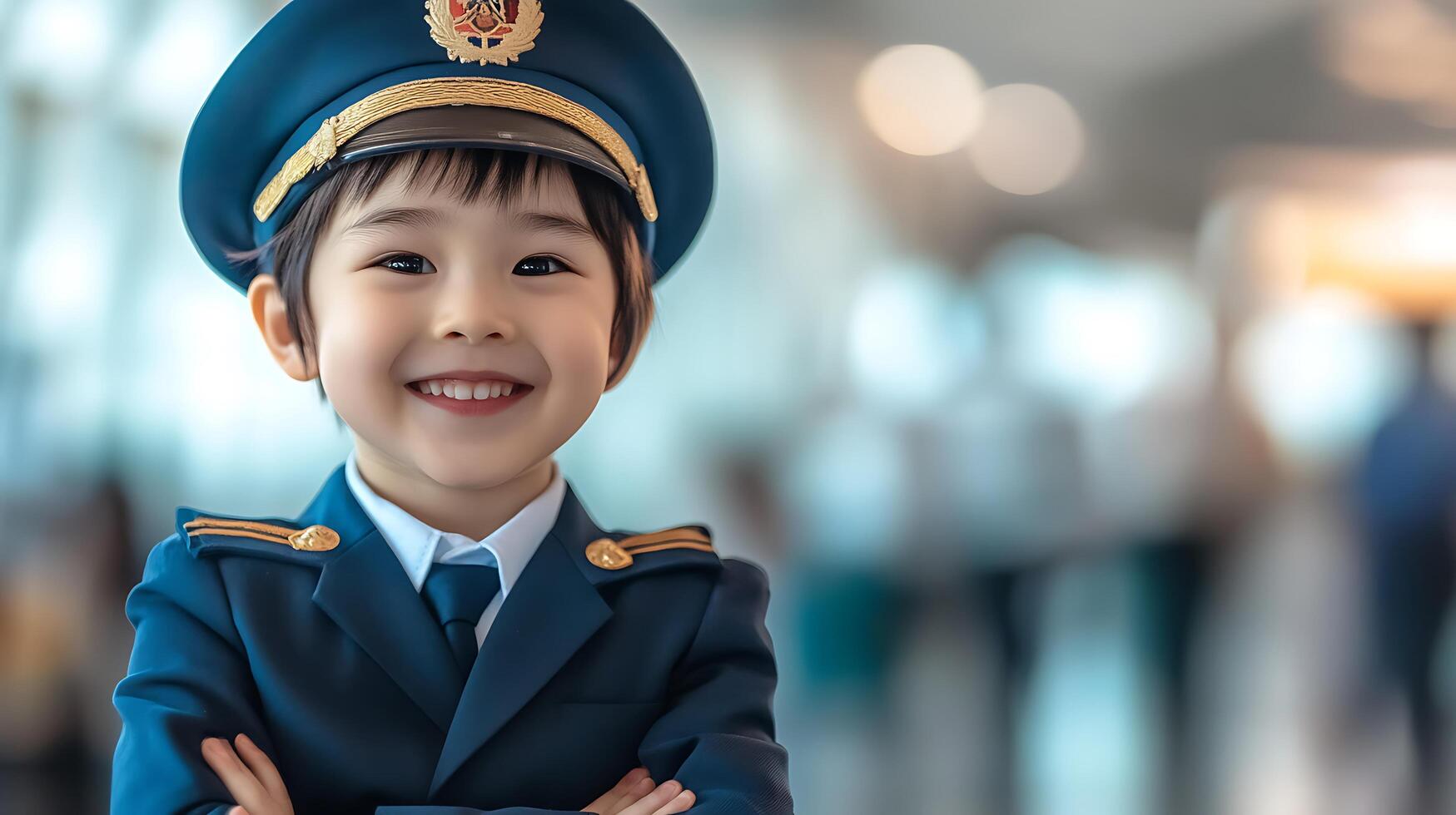 Smiling young boy in a pilot's uniform with hat suit and tie looking at the viewer with a bright smile and kind eyes in an airport photo