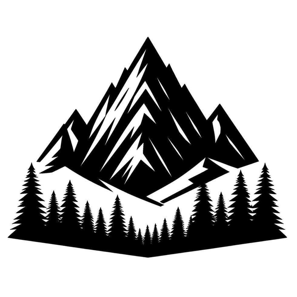 Bold Black and White Silhouette Majestic Mountain Range Rises Above Dense Pine Forest in a Clean, Style. vector