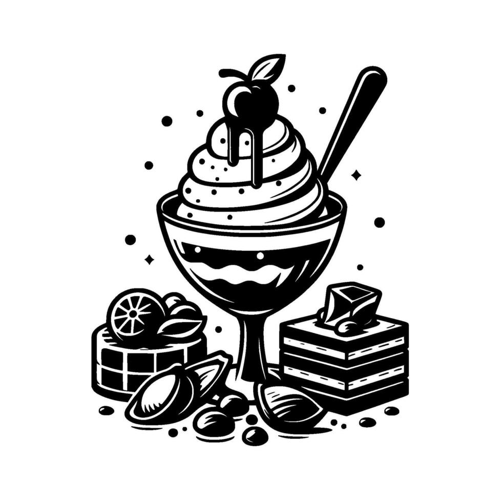 Black and white illustration of an elegant sundae with layered dessert, a cherry, orange slices and cake. A celebrating dessert. vector