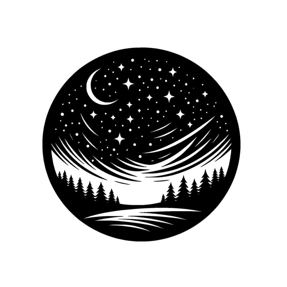 Celestial Nightscape A Circular, Black and White Silhouette Featuring a Crescent Moon, Stars, Forest and River vector