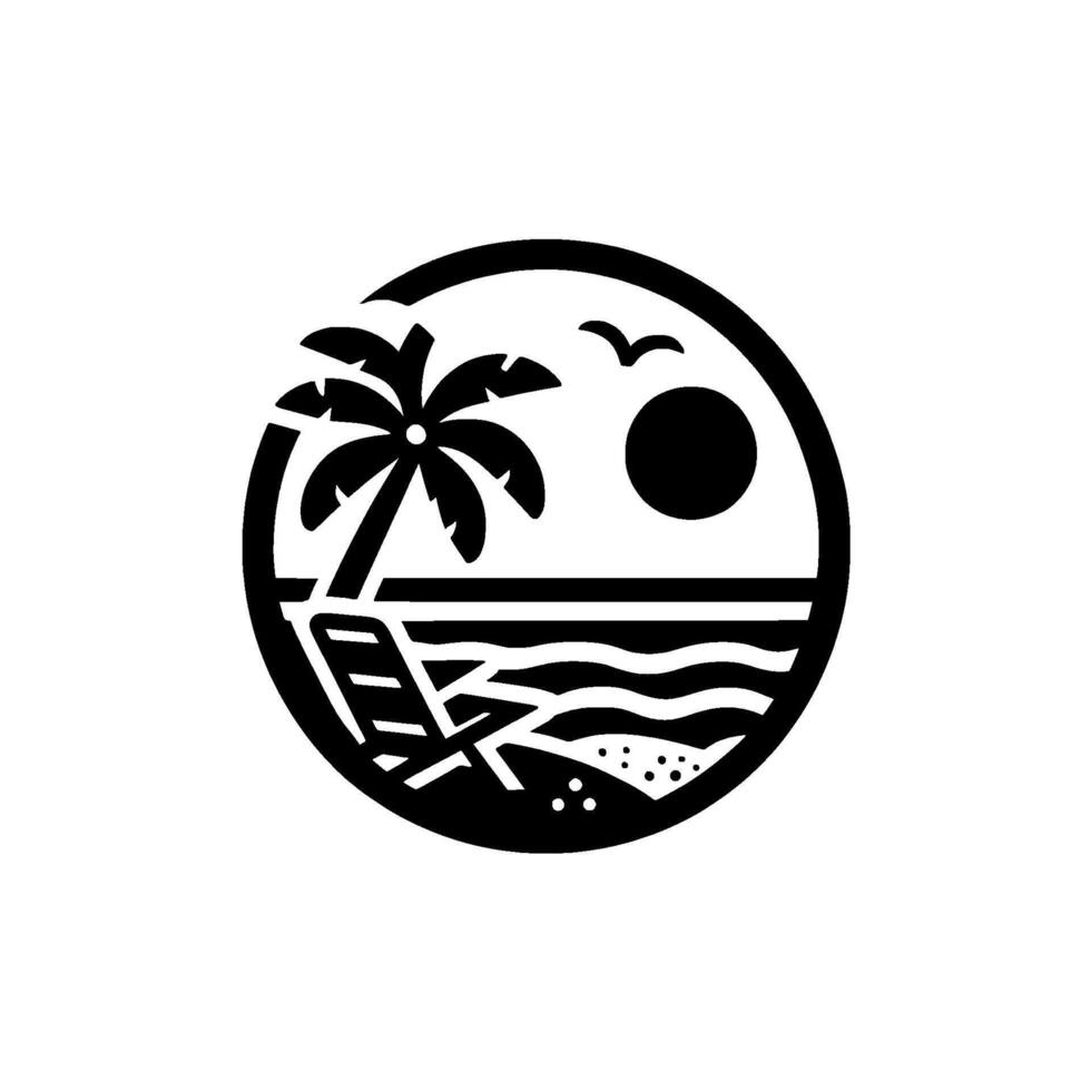 Minimalist Black White Beach Scene within a Circle Palm Tree, Lounge Chair, Ocean, Sun, and Birds, Perfect for . vector