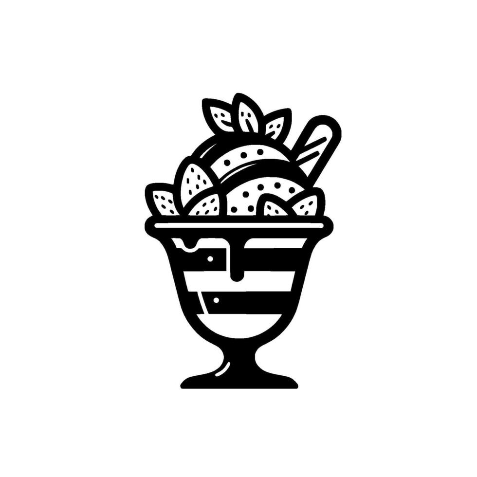 A stylized black and white illustration of a dessert parfait in a striped sundae glass with strawberries, leaves, and a spoon. vector