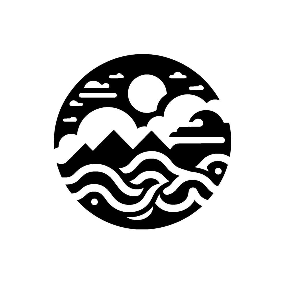 A stylized, minimalist black and white landscape inside a circle, depicting mountains, waves, clouds, and sun. vector