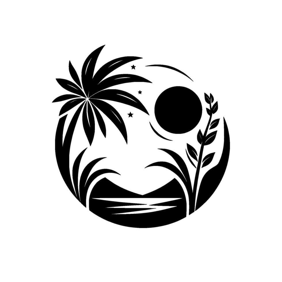 Silhouette of a tropical scene, a black and white circular featuring a palm tree, sun, stars, plants, and a beach landscape. vector